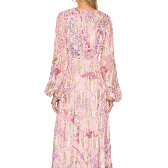 Hemant & Nandita Amal Long Dress • Lilac Gold Metallic Floral Maxi • Size Small - Picture 4 of 11